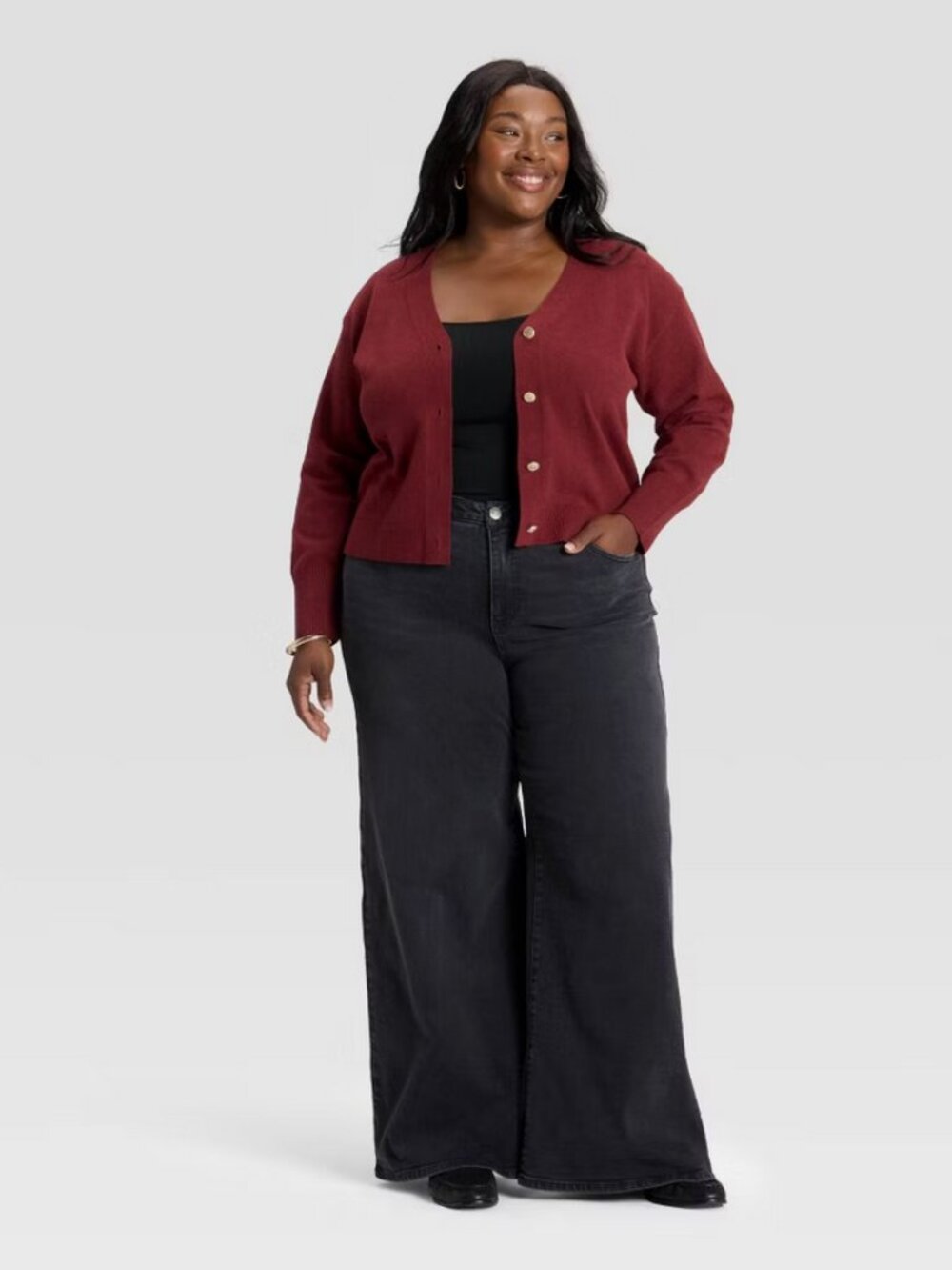 Women Button-Front Cardigan Sweater - Ava & Viv Burgundy 2X